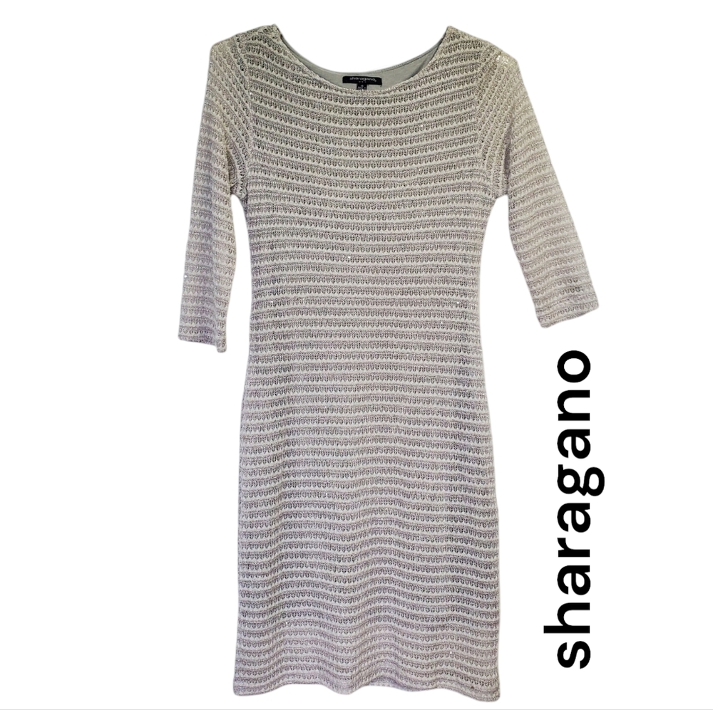 Sharagano Women's Midi Dress Cut Out Sequins 3/4 Slv Size14